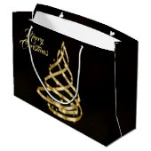 クリスマスシャイニーゴールデンリボンツリースパークルブラック ラージペーパーバッグ (裏面アングル)