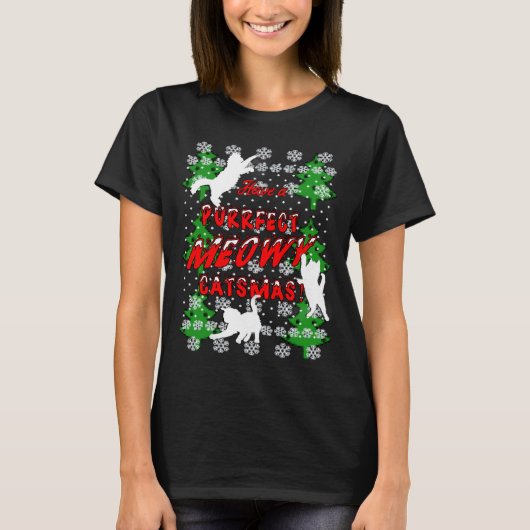 クリスマスシャツ、クリスマス猫の女性Tシャツ Tシャツ (正面)