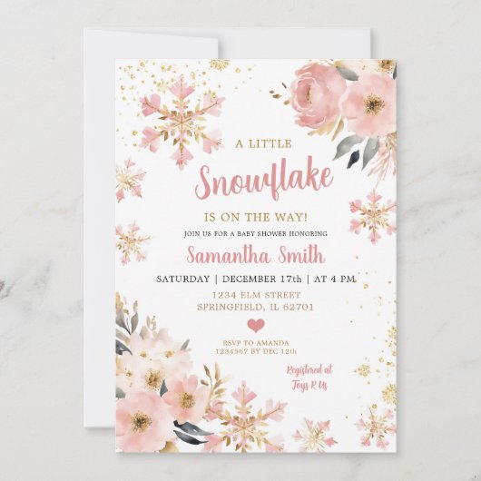 クリスマスシャワーの途中のピンクの小さなスノーフレーク 招待状 (正面)