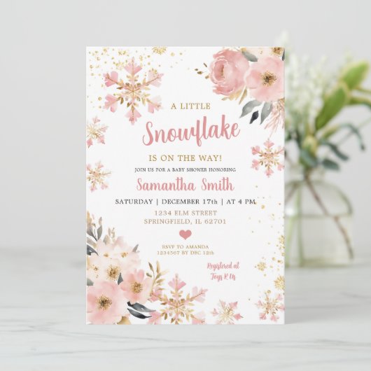 クリスマスシャワーの途中のピンクの小さなスノーフレーク 招待状 (スタンド正面)