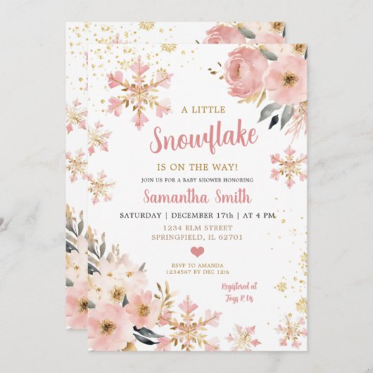 クリスマスシャワーの途中のピンクの小さなスノーフレーク 招待状 (正面/裏面)