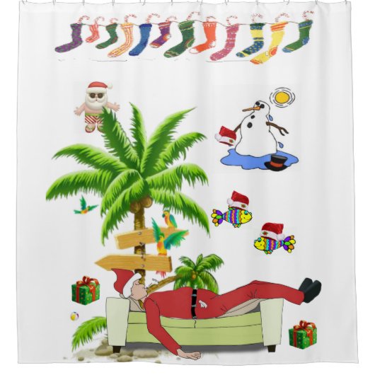 クリスマスシャワーカーテンサマービーチバムサンタ シャワーカーテン (正面)