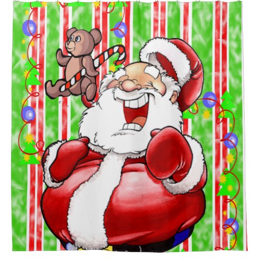 クリスマスシャワーカーテンストライプテディベア シャワーカーテン (正面)