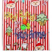 クリスマスシャワーカーテンストライプハッピーバースデー シャワーカーテン (正面)