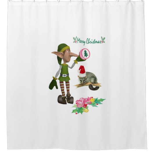 クリスマスシャワーカーテンポッサム小妖精や小人 シャワーカーテン (正面)