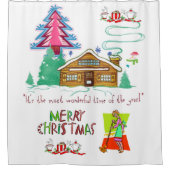 クリスマスシャワーカーテン赤い緑の清掃女性 シャワーカーテン (正面)