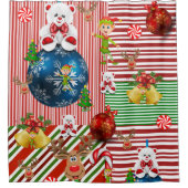 クリスマスシャワーカーテン、テディベアストライプ シャワーカーテン (正面)