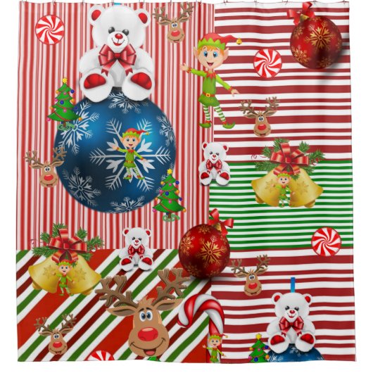 クリスマスシャワーカーテン、テディベアストライプ シャワーカーテン (正面)