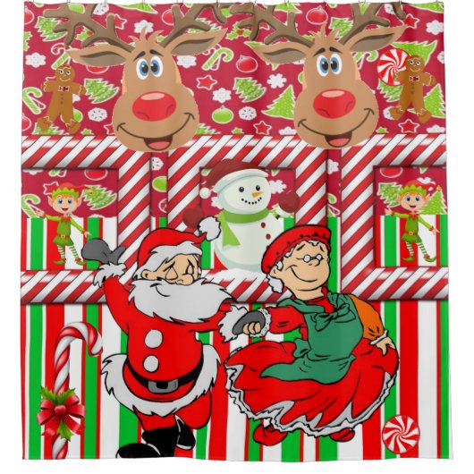 クリスマスシャワーカーテン、トナカイ雪だるま シャワーカーテン (正面)