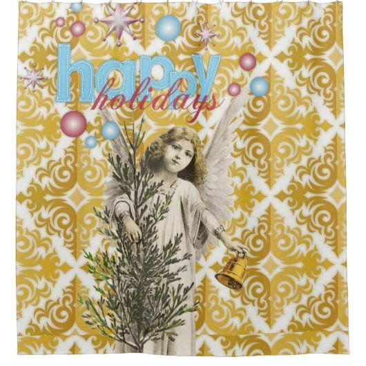 クリスマスシャワーカーテン、ハッピーホリデーズエンジェル シャワーカーテン (正面)