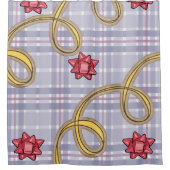 クリスマスシャワーカーテン、ブループレイドレッドボウ シャワーカーテン (正面)