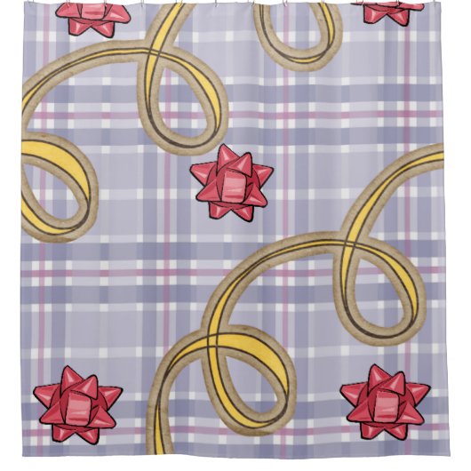 クリスマスシャワーカーテン、ブループレイドレッドボウ シャワーカーテン (正面)