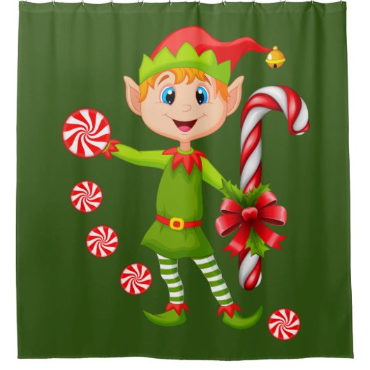 クリスマスシャワーカーテン、小妖精や小人ペパーミント シャワーカーテン (正面)
