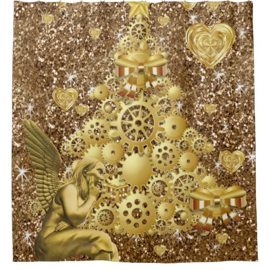 クリスマスシャワーカーテン、金ゴールド天使 シャワーカーテン (正面)
