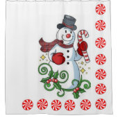 クリスマスシャワーカーテン，雪だるま，ペパーミント シャワーカーテン (正面)