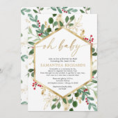 クリスマスシャワーバイメール金ゴールドレッドホリーベビー 招待状 (正面/裏面)