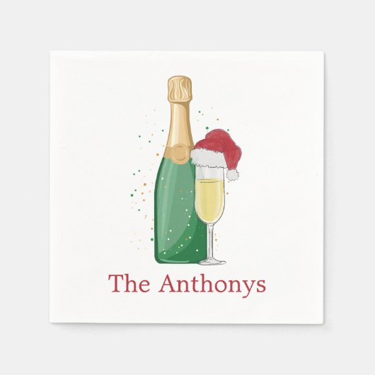 クリスマスシャンパンボトル&サンタハットフルート名 スタンダードカクテルナプキン (正面)