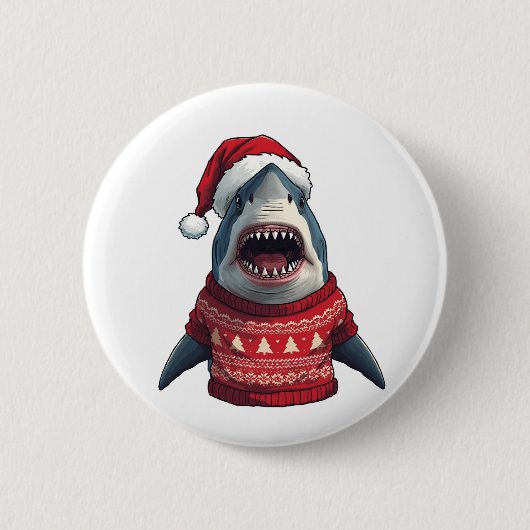 クリスマスシャークの格好悪いセーターTシャツ 缶バッジ (正面)
