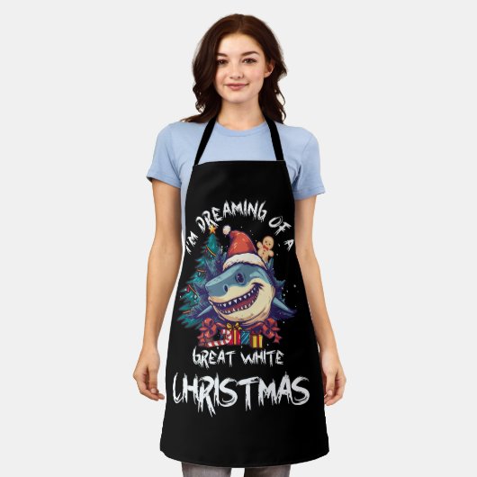クリスマスシャークサンタハットクリスマスサンタおもしろいジョーズ エプロン (着用した状態)
