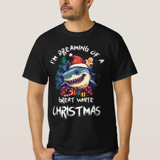 クリスマスシャークサンタハットクリスマスサンタおもしろいジョーズ Tシャツ (正面)