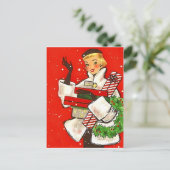 クリスマスショッピングの女の子、ヴィンテージの休日の挨拶 ポストカード (スタンド正面)