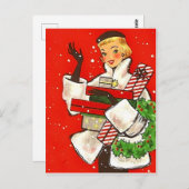 クリスマスショッピングの女の子、ヴィンテージの休日の挨拶 ポストカード (正面/裏面)