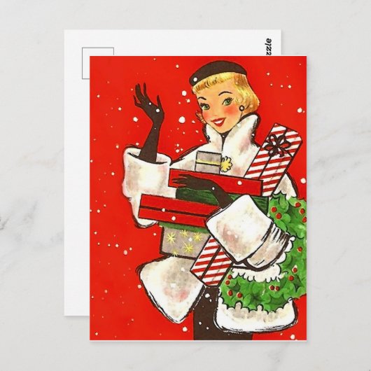 クリスマスショッピングの女の子、ヴィンテージの休日の挨拶 ポストカード (正面/裏面)