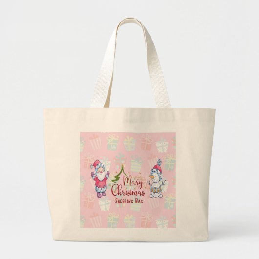 クリスマスショッピングトートバッグサンタ&雪だるま ラージトートバッグ (正面)
