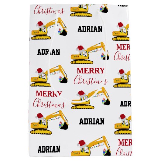 クリスマスショベル建築トラック名前をカスタムする ミディアムペーパーバッグ (正面)