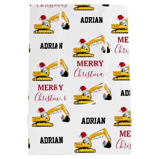 クリスマスショベル建築トラック名前をカスタムする ミディアムペーパーバッグ (裏面)