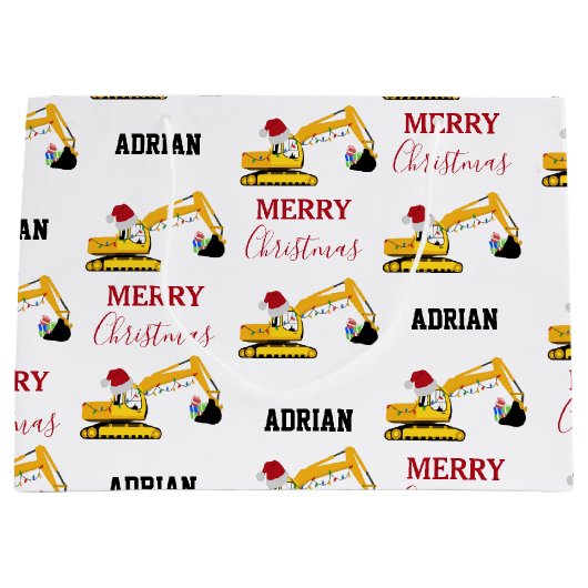 クリスマスショベル建築トラック名前をカスタムする ラージペーパーバッグ (正面)