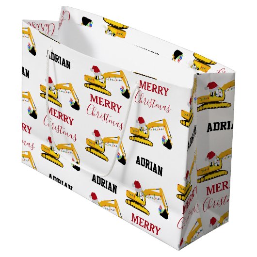 クリスマスショベル建築トラック名前をカスタムする ラージペーパーバッグ (正面アングル)