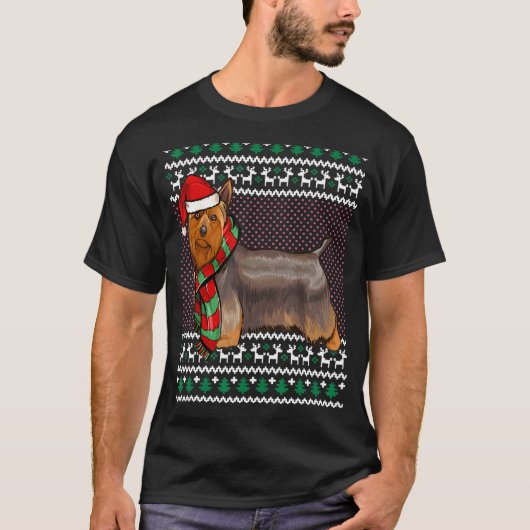 クリスマスシルキーテリアードッグサンタハット醜いクリスマス Tシャツ (正面)