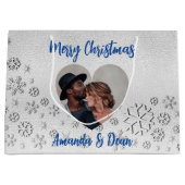 クリスマスシルバーのスノーブルーの写真ハート ラージペーパーバッグ (正面)