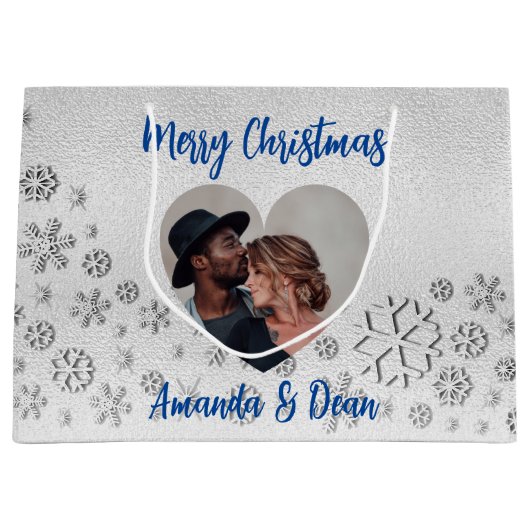 クリスマスシルバーのスノーブルーの写真ハート ラージペーパーバッグ (正面)