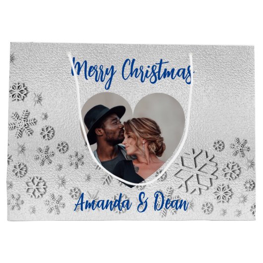 クリスマスシルバーのスノーブルーの写真ハート ラージペーパーバッグ (裏面)