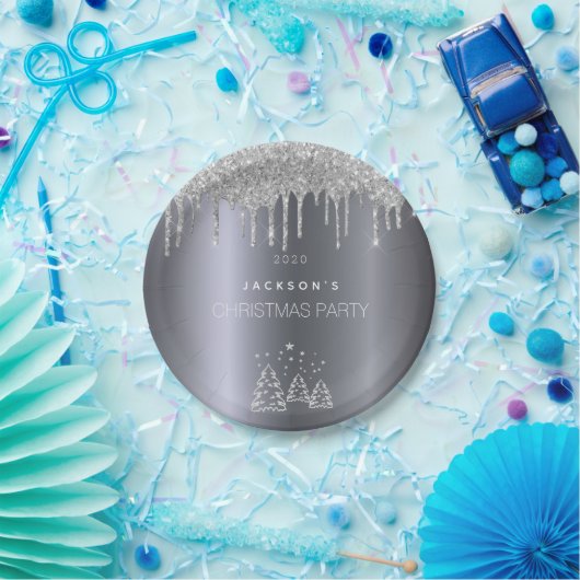 クリスマスシルバーの木のグリッターが乾く ペーパープレート (パーティー)