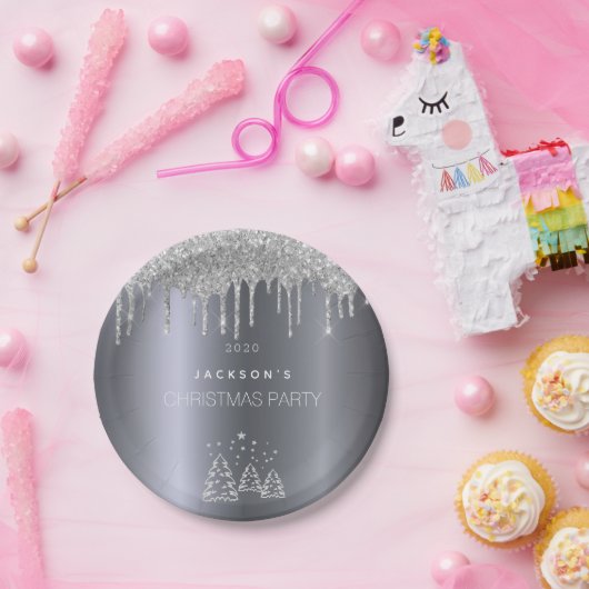 クリスマスシルバーの木のグリッターが乾く ペーパープレート (パーティー)