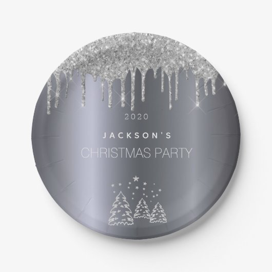 クリスマスシルバーの木のグリッターが乾く ペーパープレート (正面)