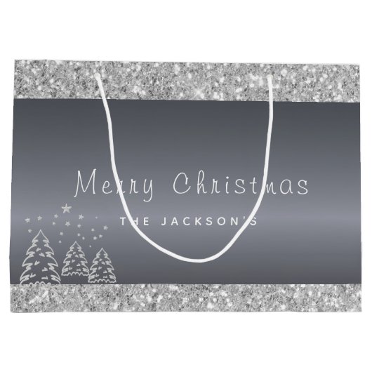 クリスマスシルバーの木のグリッターが乾く ラージペーパーバッグ (裏面)