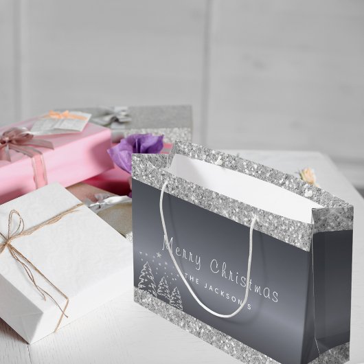 クリスマスシルバーの木のグリッターが乾く ラージペーパーバッグ