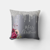 クリスマスシルバーグリッタードリップフォイルフローラバーガンディ クッション (正面)