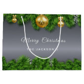 クリスマスシルバーグリーン金ゴールドオーナメント ラージペーパーバッグ (裏面)