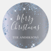 クリスマスシルバーブルーグリッター名 ラウンドシール (正面)