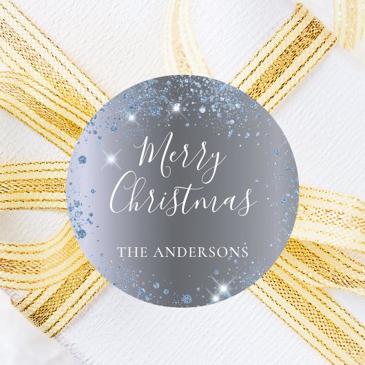 クリスマスシルバーブルーグリッター名 ラウンドシール
