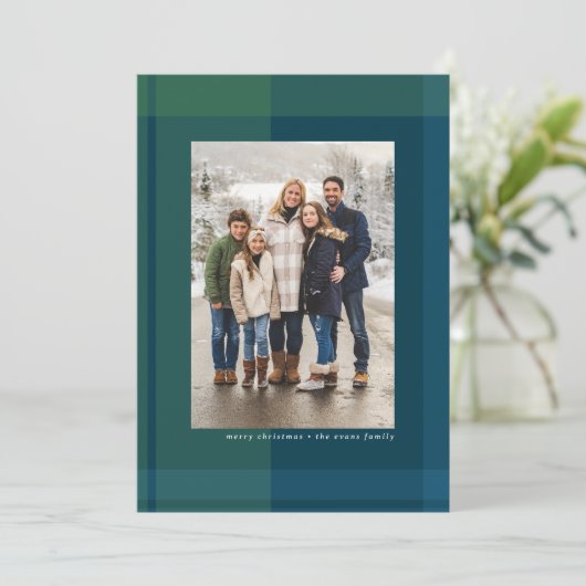 クリスマスシンプルの格子模様のネイビーグリーン写真 シーズンカード (スタンド正面)