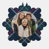 クリスマスシンプルの格子模様の写真の休日 オーナメントカード (裏面)