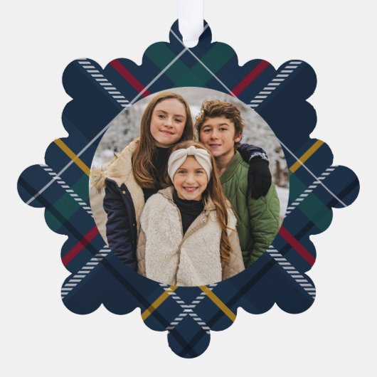 クリスマスシンプルの格子模様の写真の休日 オーナメントカード (裏面)