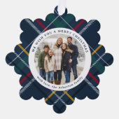 クリスマスシンプルの格子模様の写真の休日 オーナメントカード (正面)