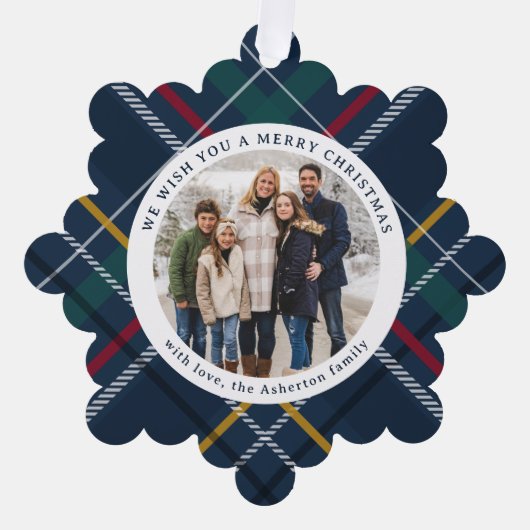クリスマスシンプルの格子模様の写真の休日 オーナメントカード (正面)